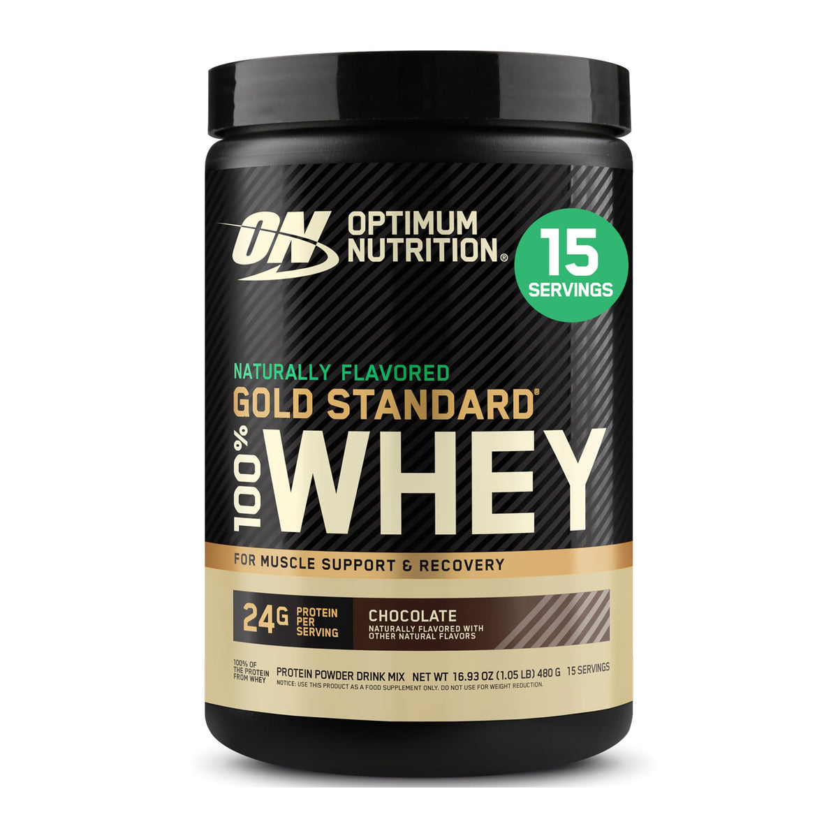 Optimum Nutrition Gold Standard whey chocolate powder tub for quick post-workout protein