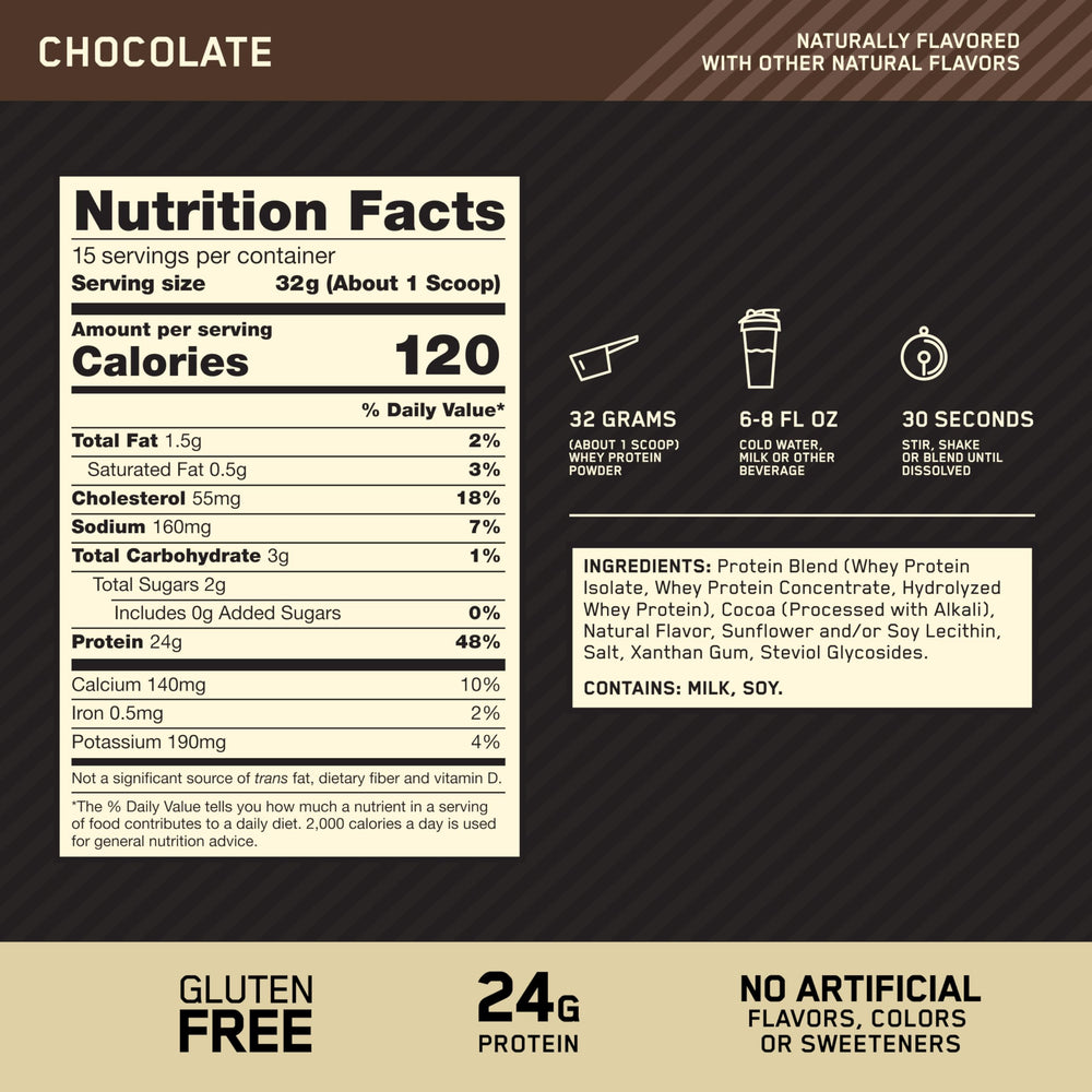Optimum Nutrition Gold Standard whey chocolate scoop for precise serving and easy mixing