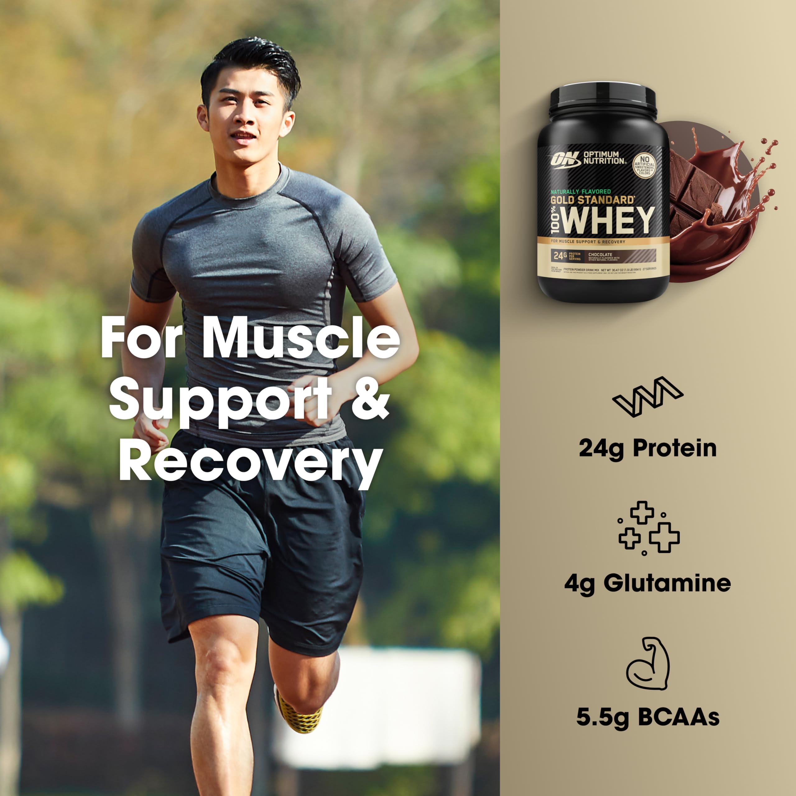Optimum Nutrition Gold Standard Whey Chocolate scoop with powder for precise serving.