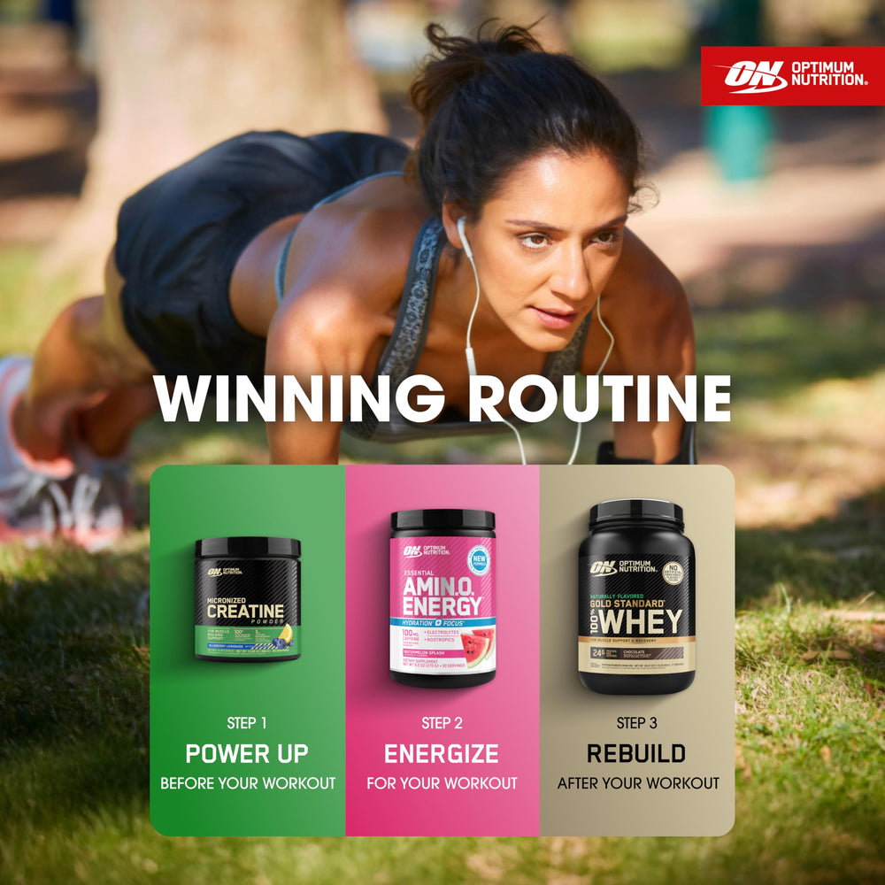 Optimum Nutrition Gold Standard Whey Chocolate gym desk setup post-workout.