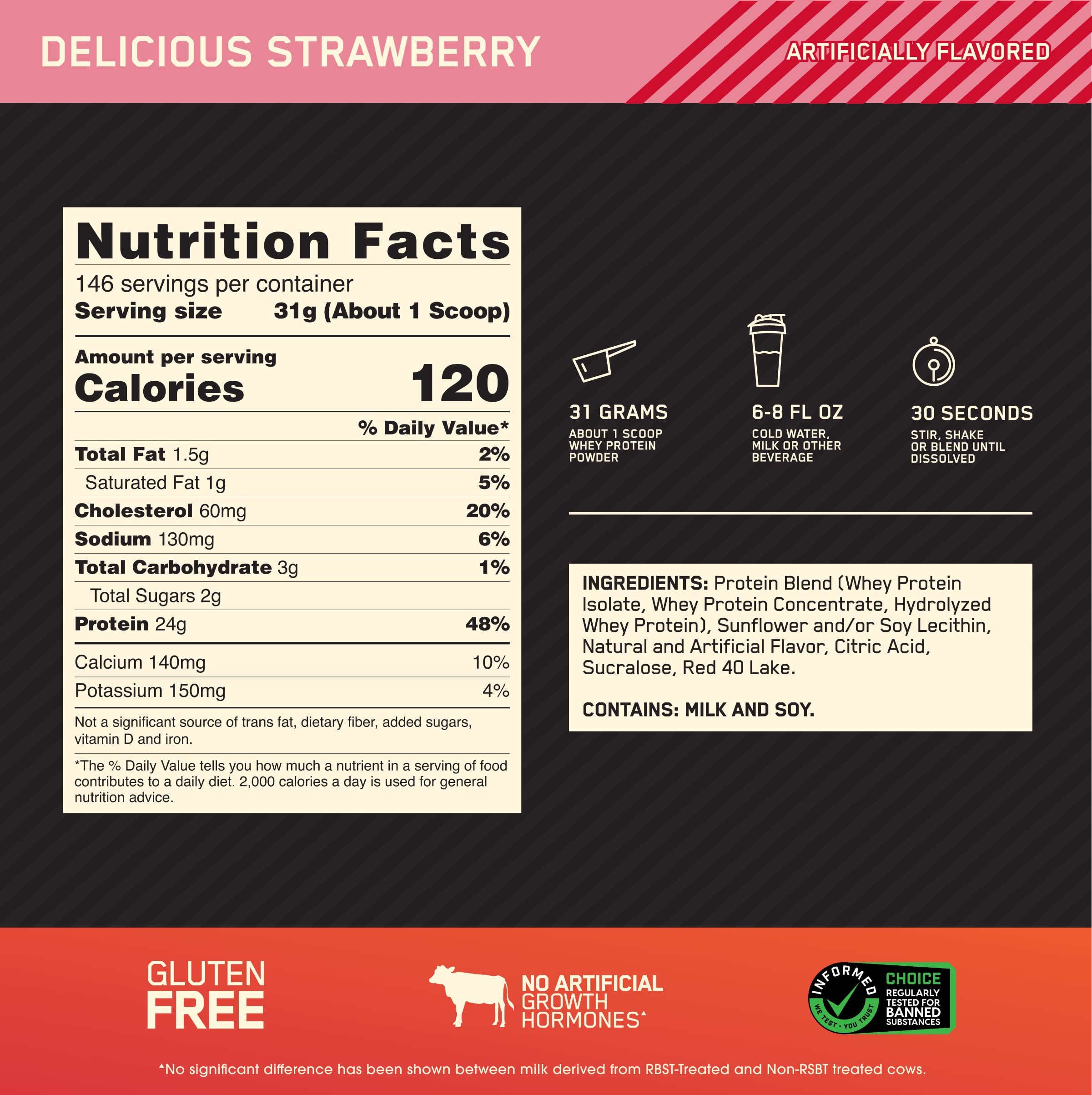 Optimum Nutrition Gold Standard Whey delicious strawberry powder for shakes.