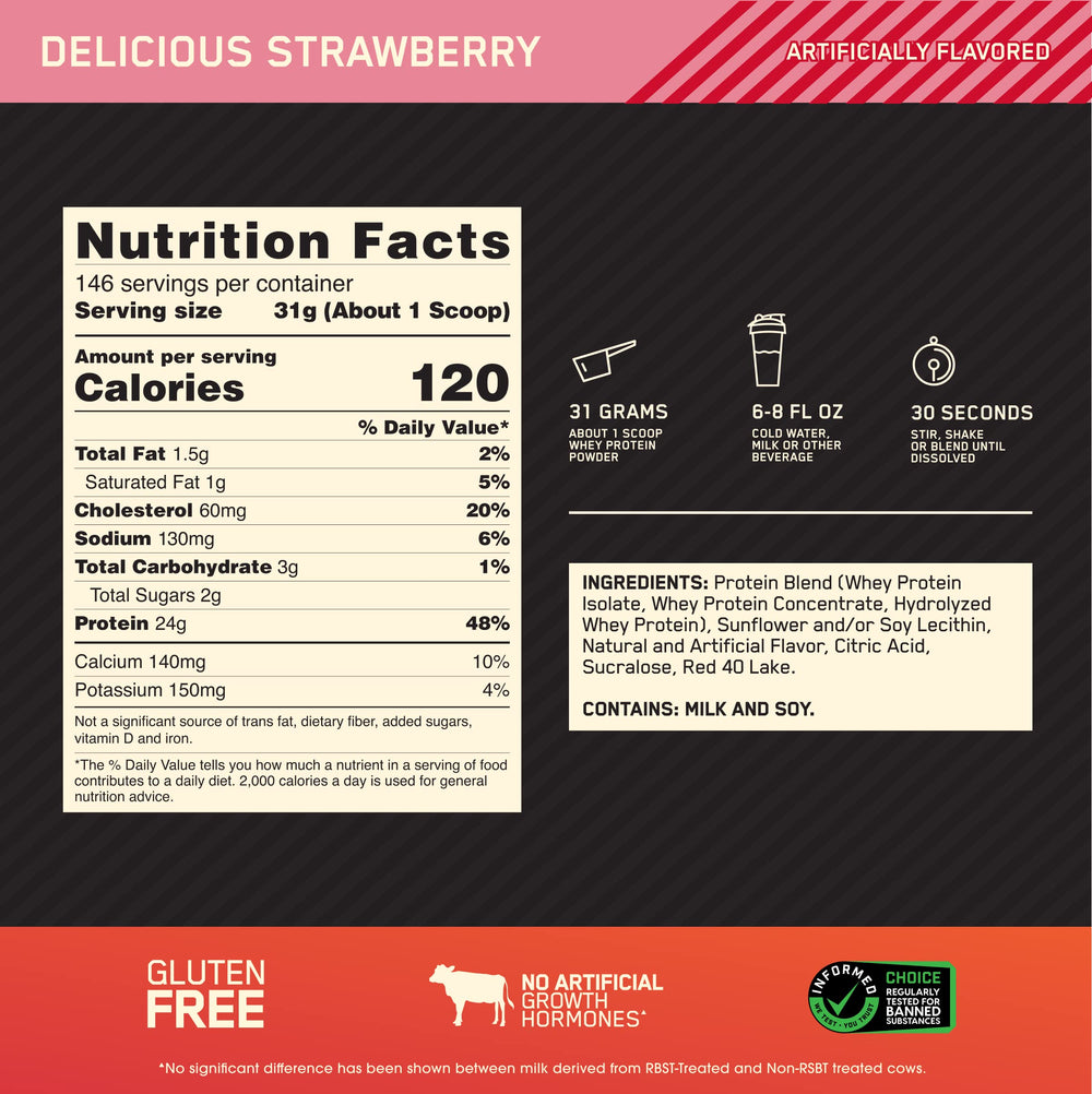 Optimum Nutrition Gold Standard Whey delicious strawberry powder for shakes.