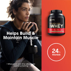 Gold Standard whey powder can showing premium protein source for muscle support.