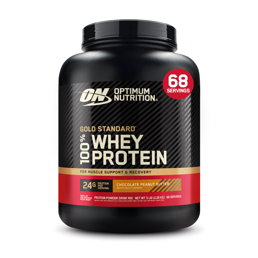 Optimum Nutrition Gold Standard whey powder in chocolate peanut butter ready for post-workout fueling