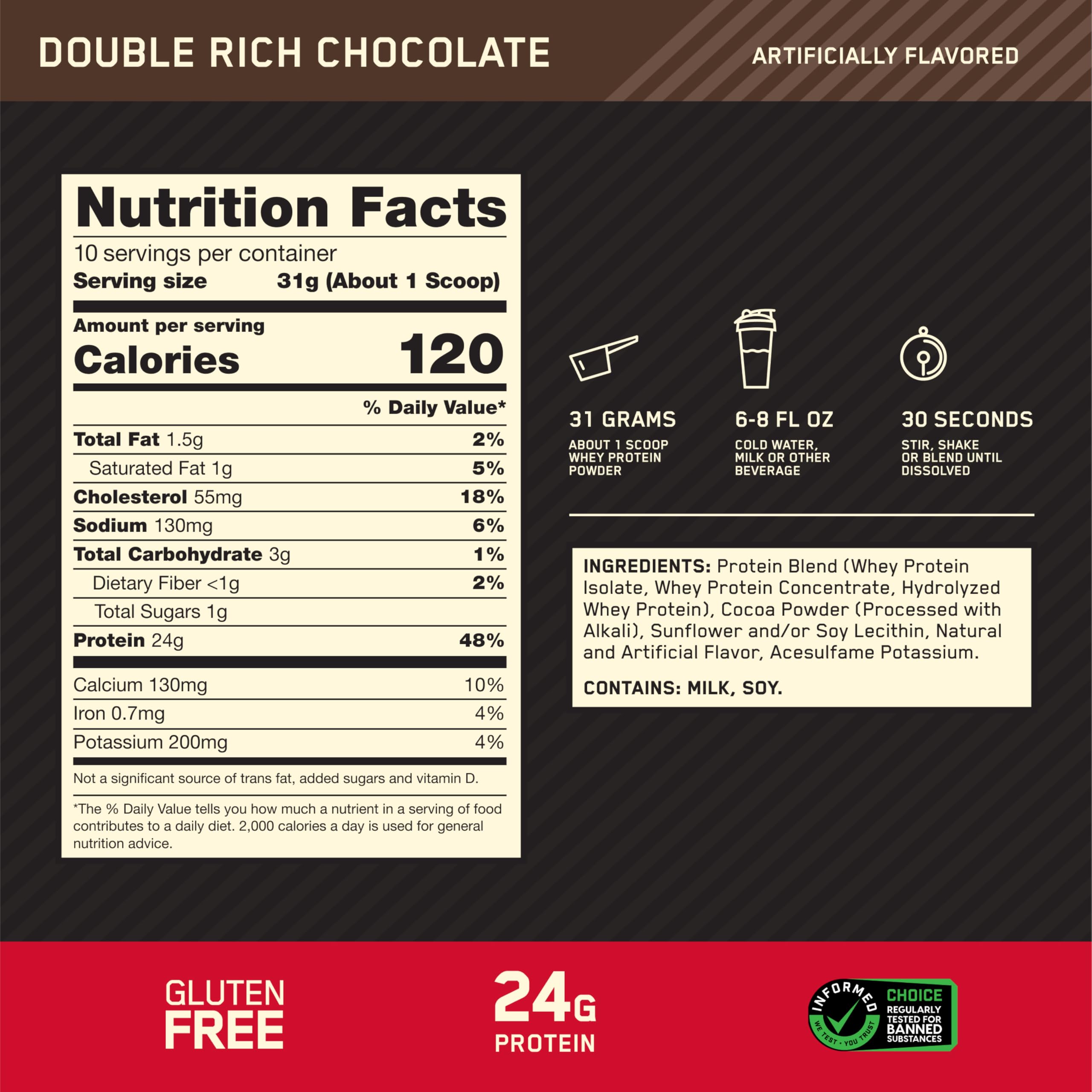 Optimum Nutrition Gold Standard whey scoop for precise, convenient servings.