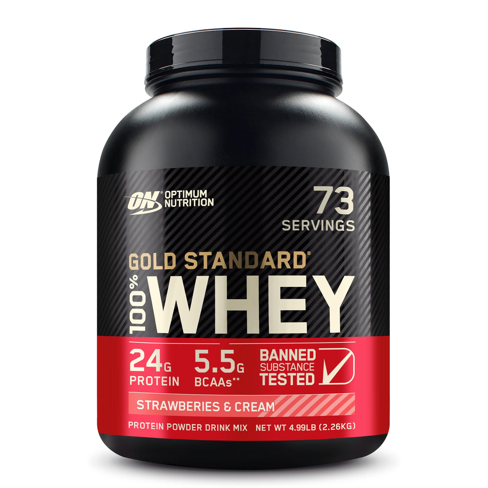 Optimum Nutrition Gold Standard Whey Strawberries & Cream tub front for post-workout protein support
