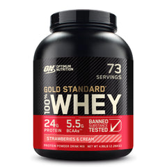 Optimum Nutrition Gold Standard Whey Strawberries & Cream tub front for post-workout protein support