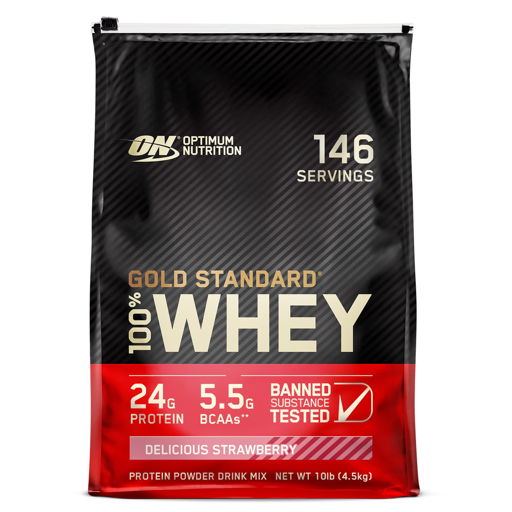 Optimum Nutrition Gold Standard Whey tub front for muscle support and convenience.