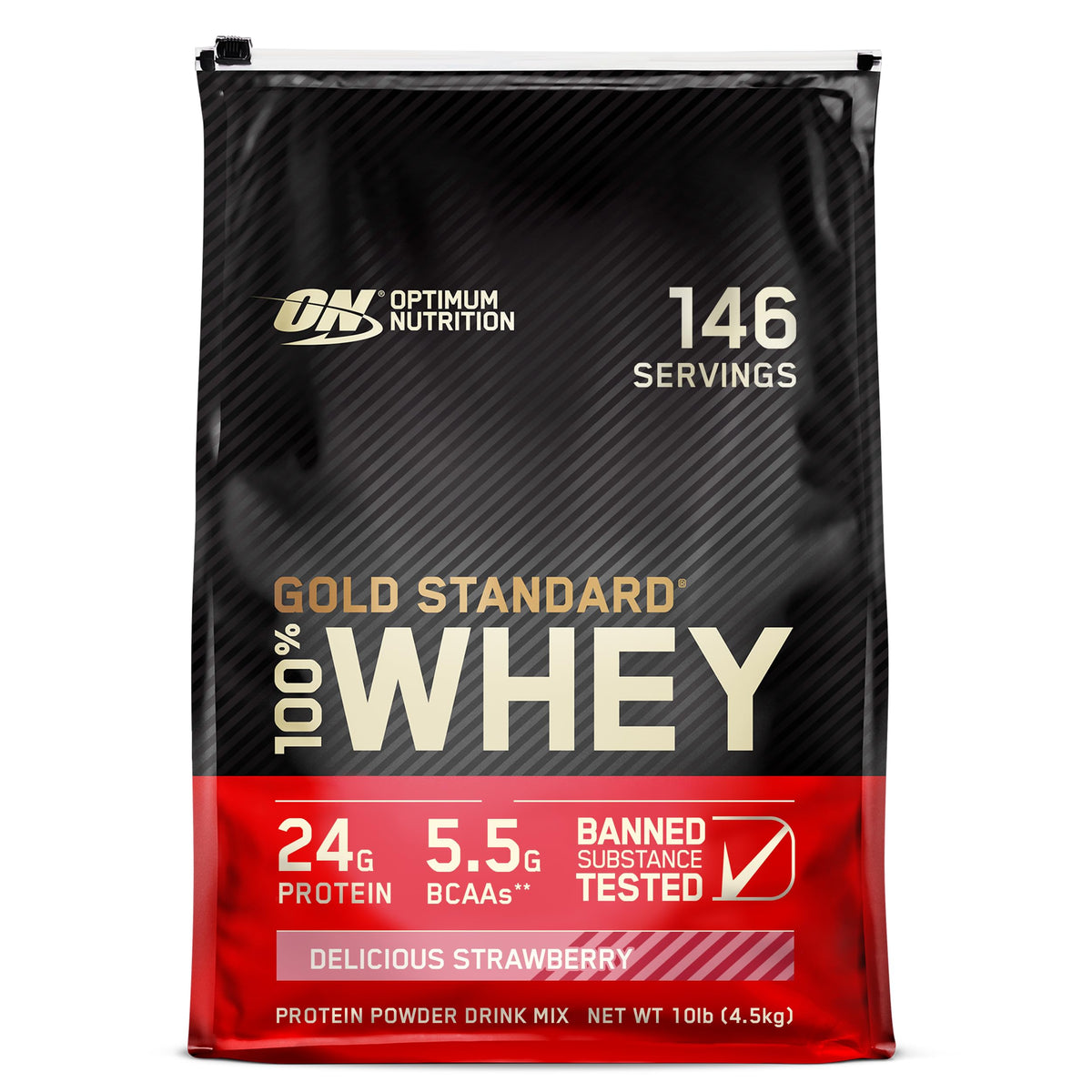 Optimum Nutrition Gold Standard Whey tub front for muscle support and convenience.