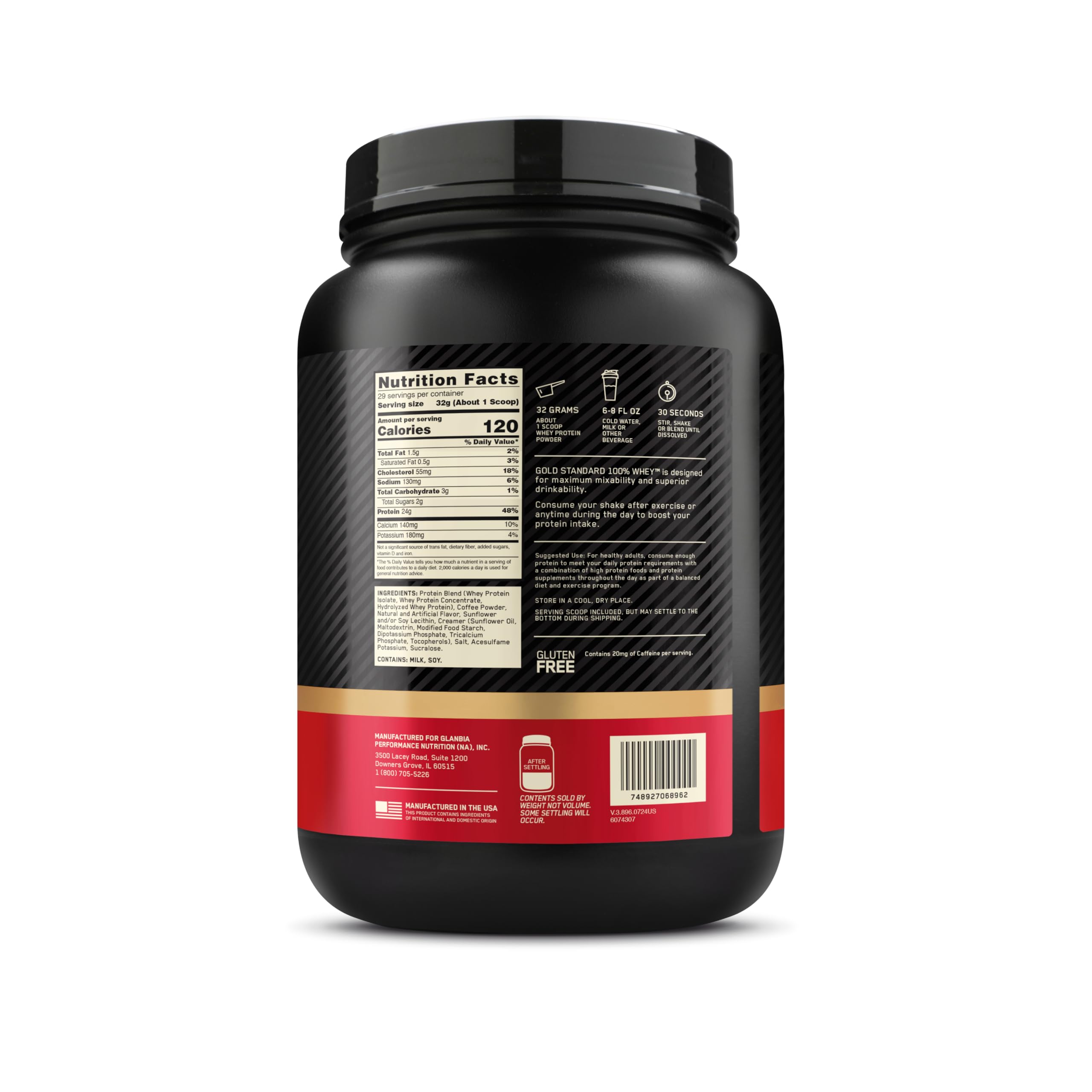 Optimum Nutrition Gold Standard Whey back-of-tub showing ingredients