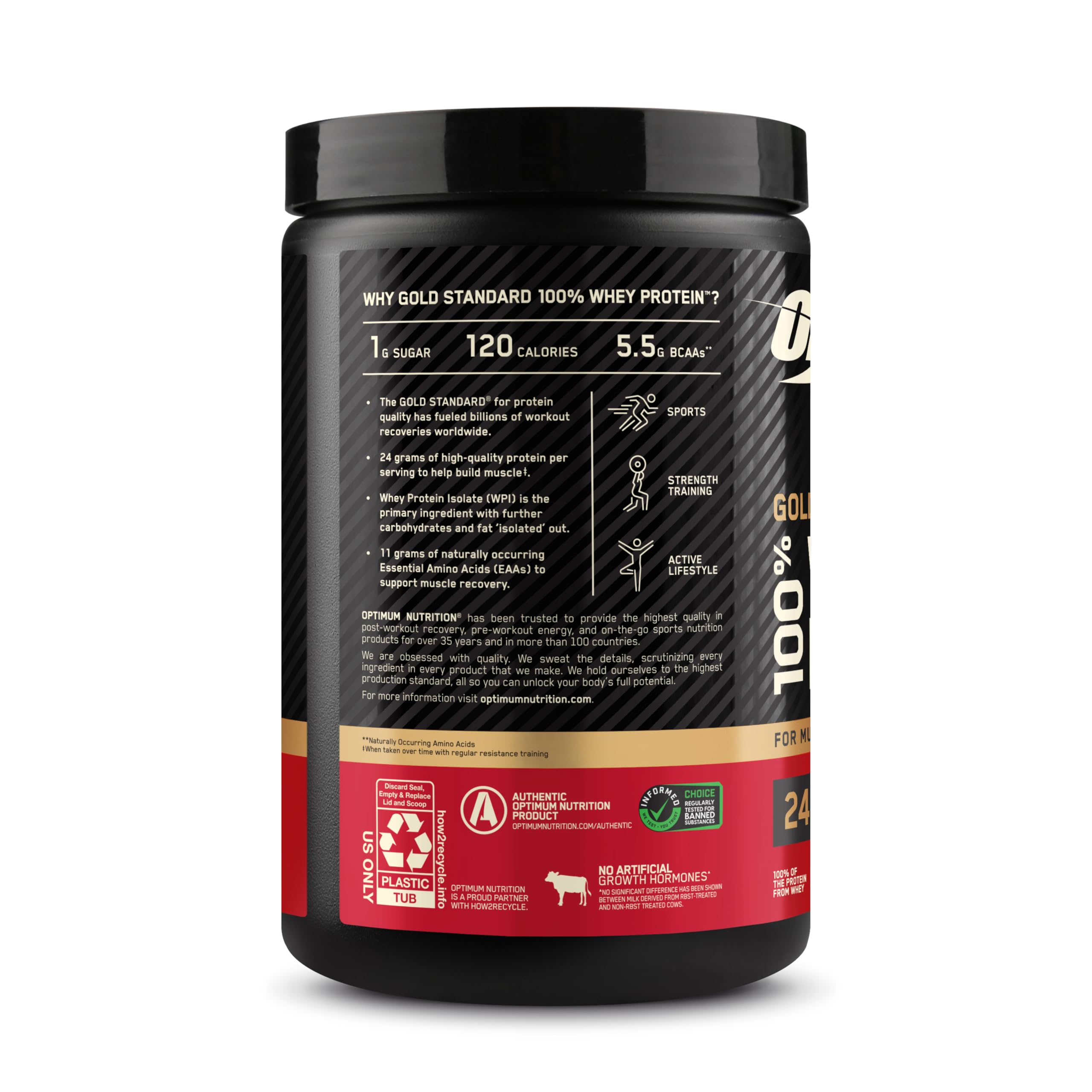 Tub packaging of Optimum Nutrition Gold Standard Whey showing nutrition facts