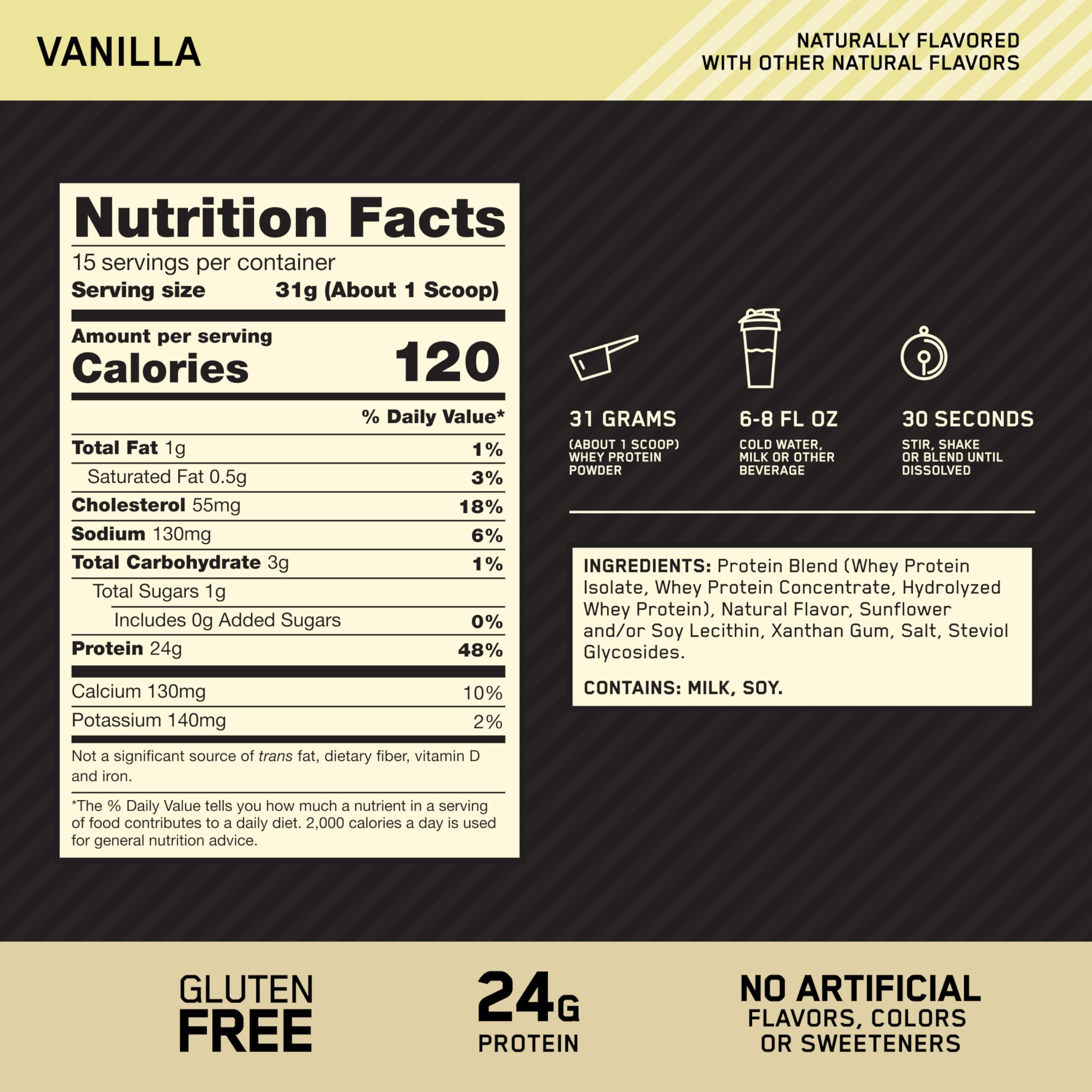 Optimum Nutrition Gold Standard Whey vanilla tub back detailing ingredients and use.