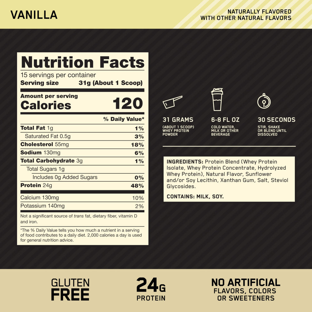Optimum Nutrition Gold Standard Whey vanilla tub back detailing ingredients and use.
