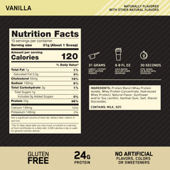 Optimum Nutrition Gold Standard Whey vanilla tub back detailing ingredients and use.