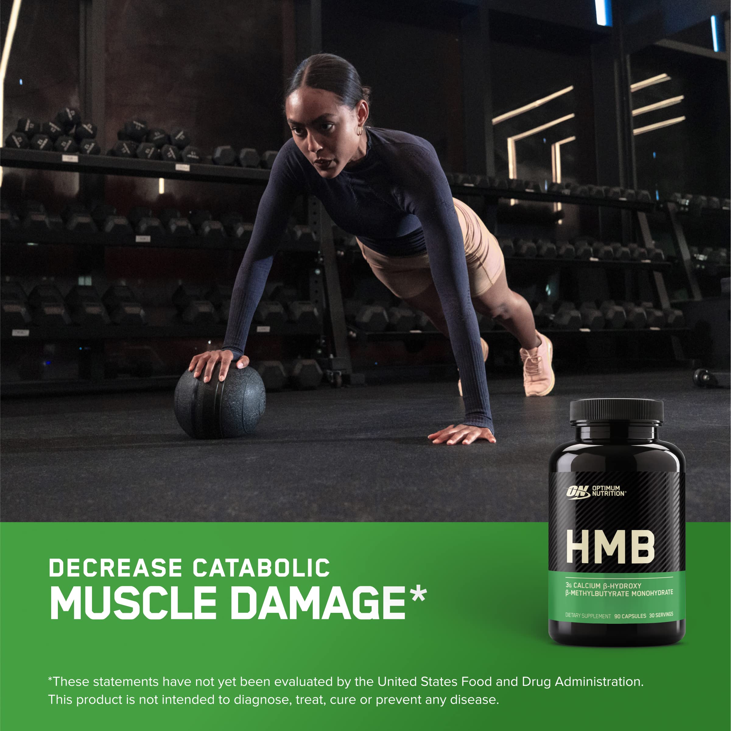 Optimum Nutrition HMB 1000 packaging close-up highlights GMP and quality focus