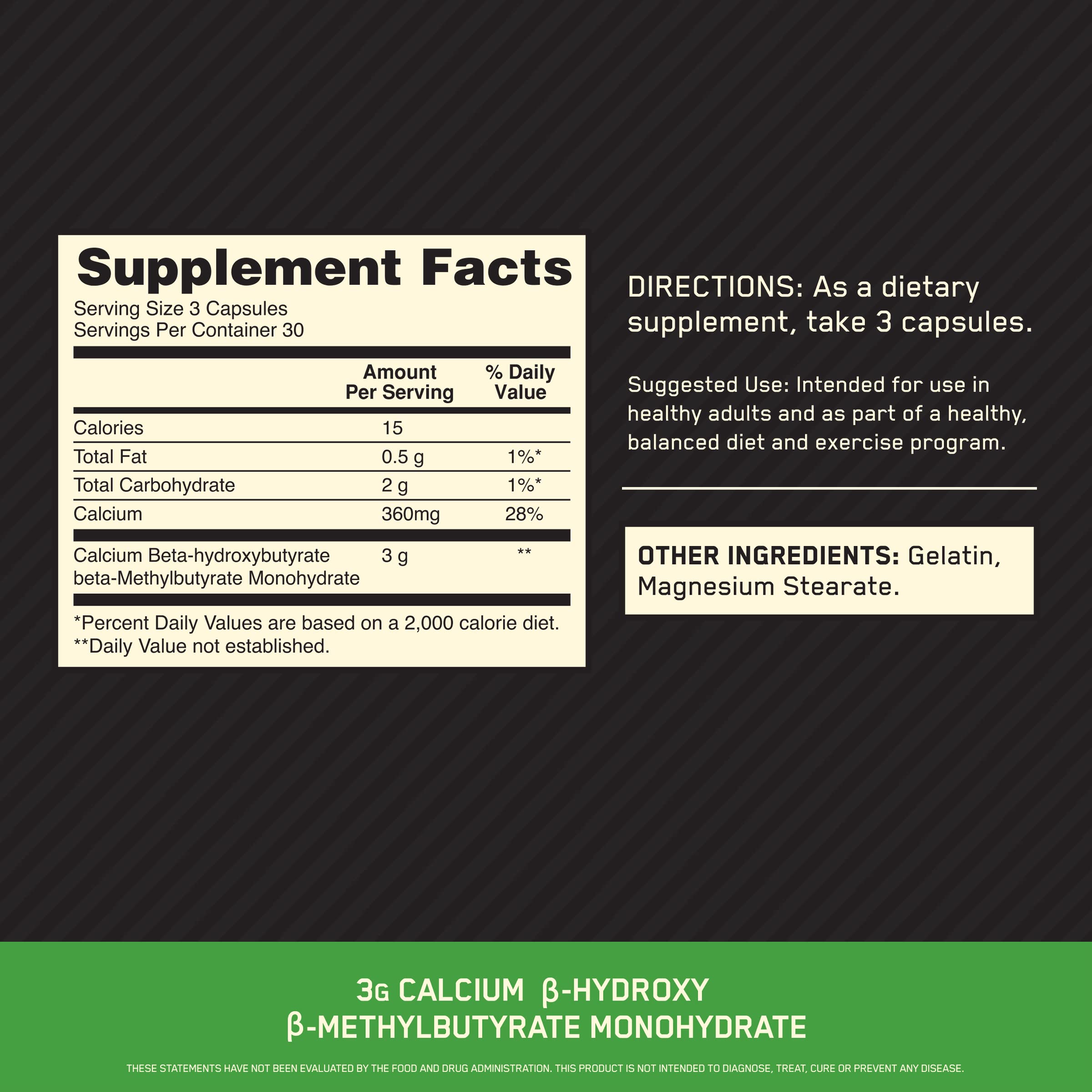 Close-up of Optimum Nutrition HMB 1000 label and dosage information for clarity