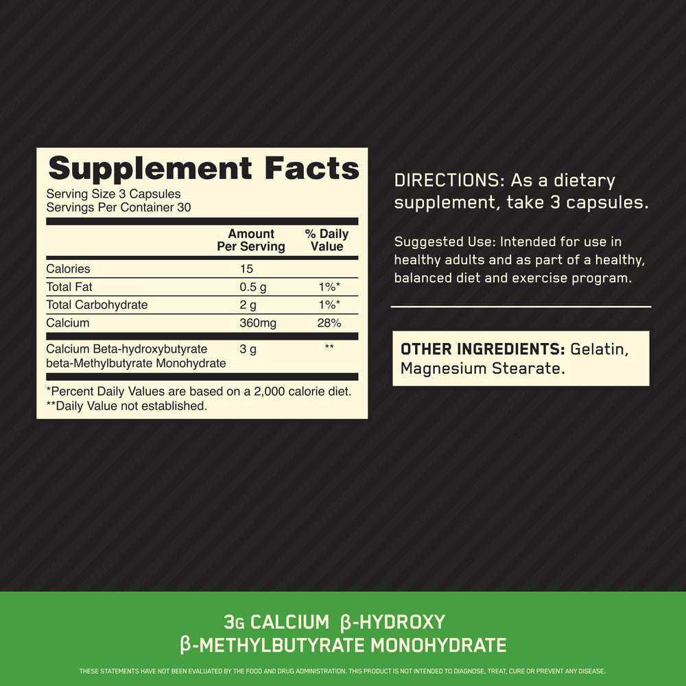 Close-up of Optimum Nutrition HMB 1000 label and dosage information for clarity