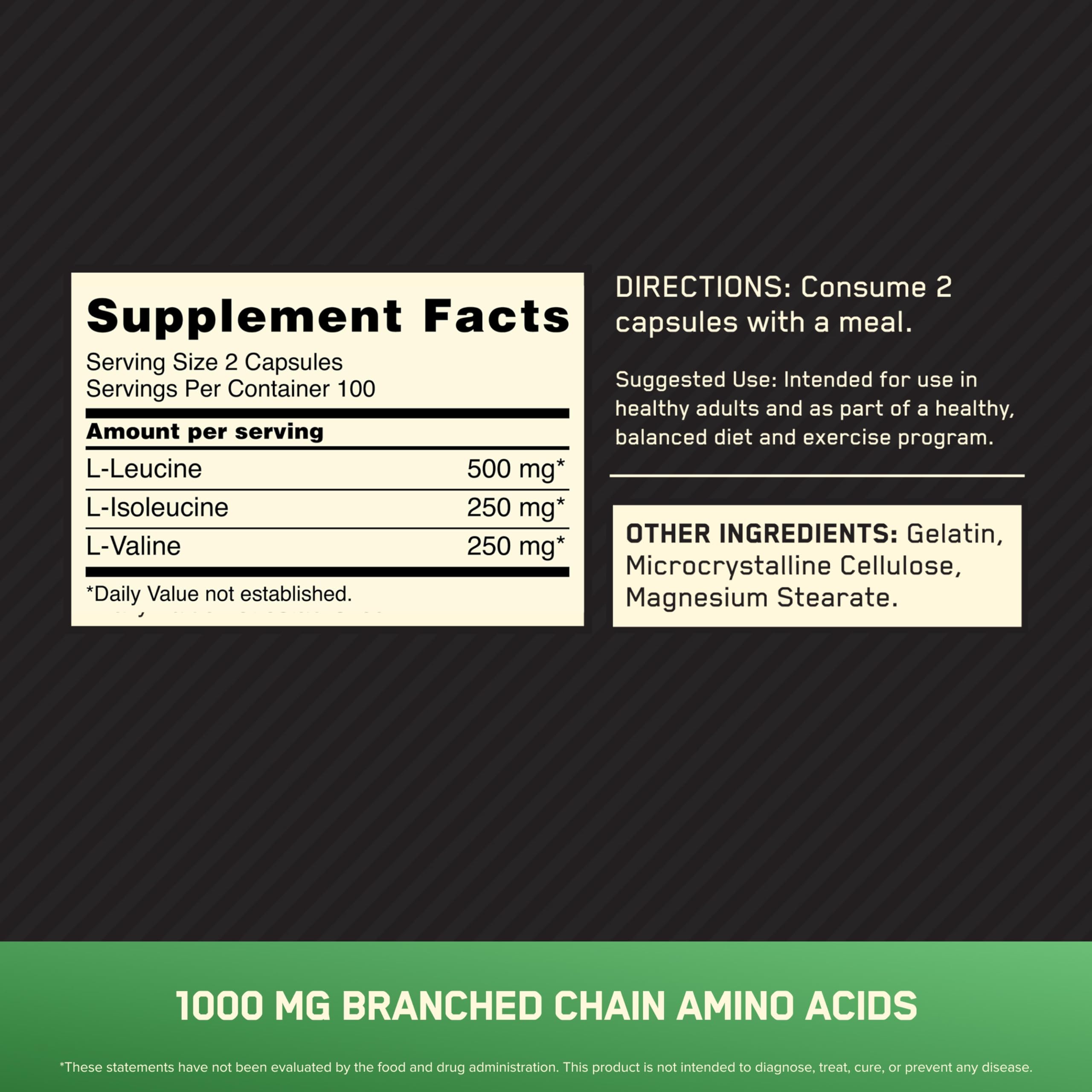 Optimum Nutrition Instantized BCAA bottle back with dosage guidance.