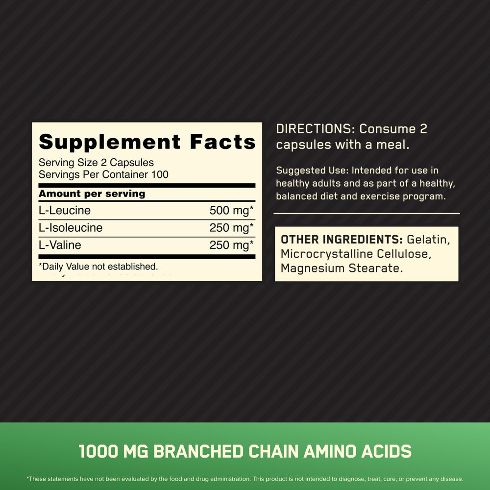 Optimum Nutrition Instantized BCAA bottle back with dosage guidance.