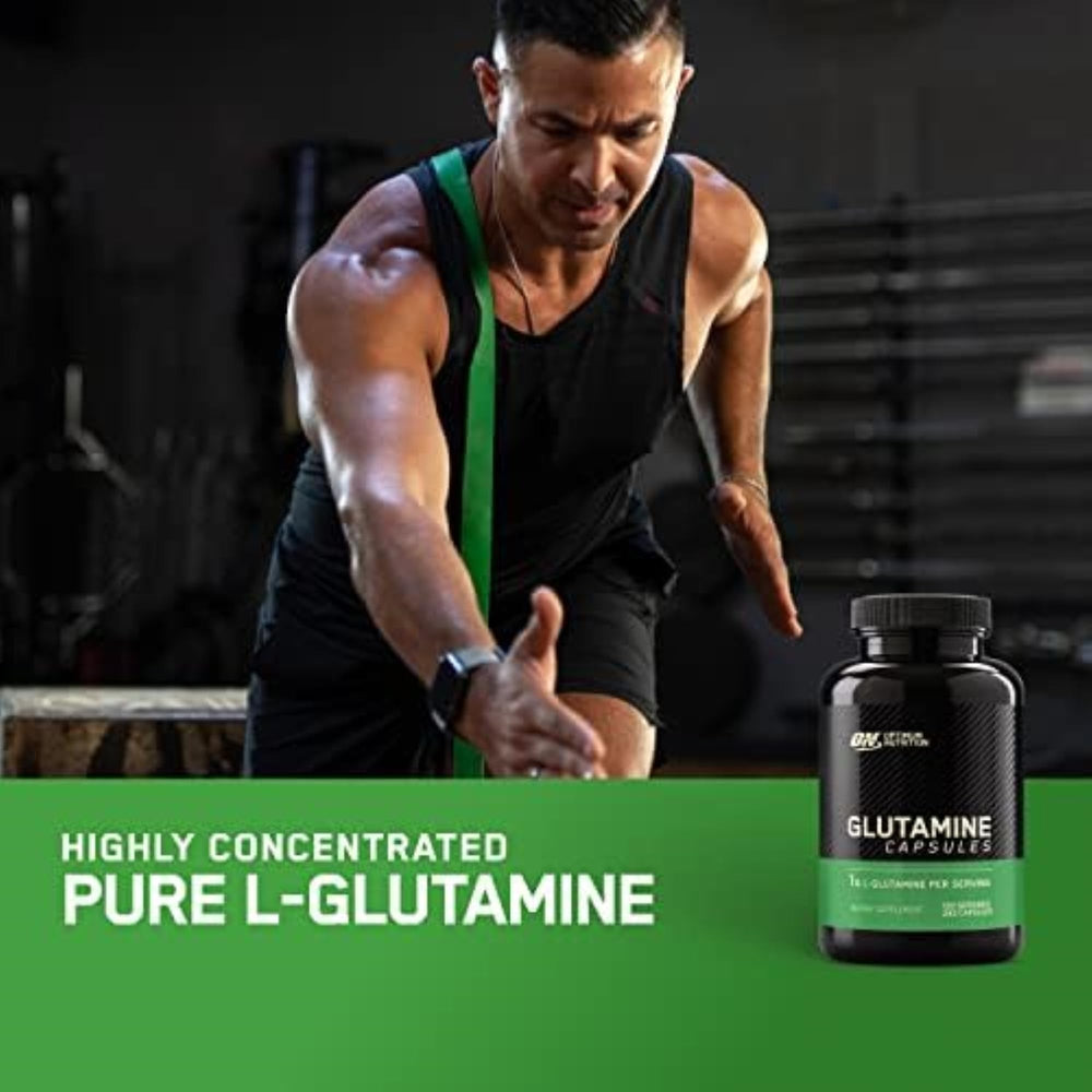 Optimum Nutrition L-Glutamine 1000mg packaging side showing heat exposure note