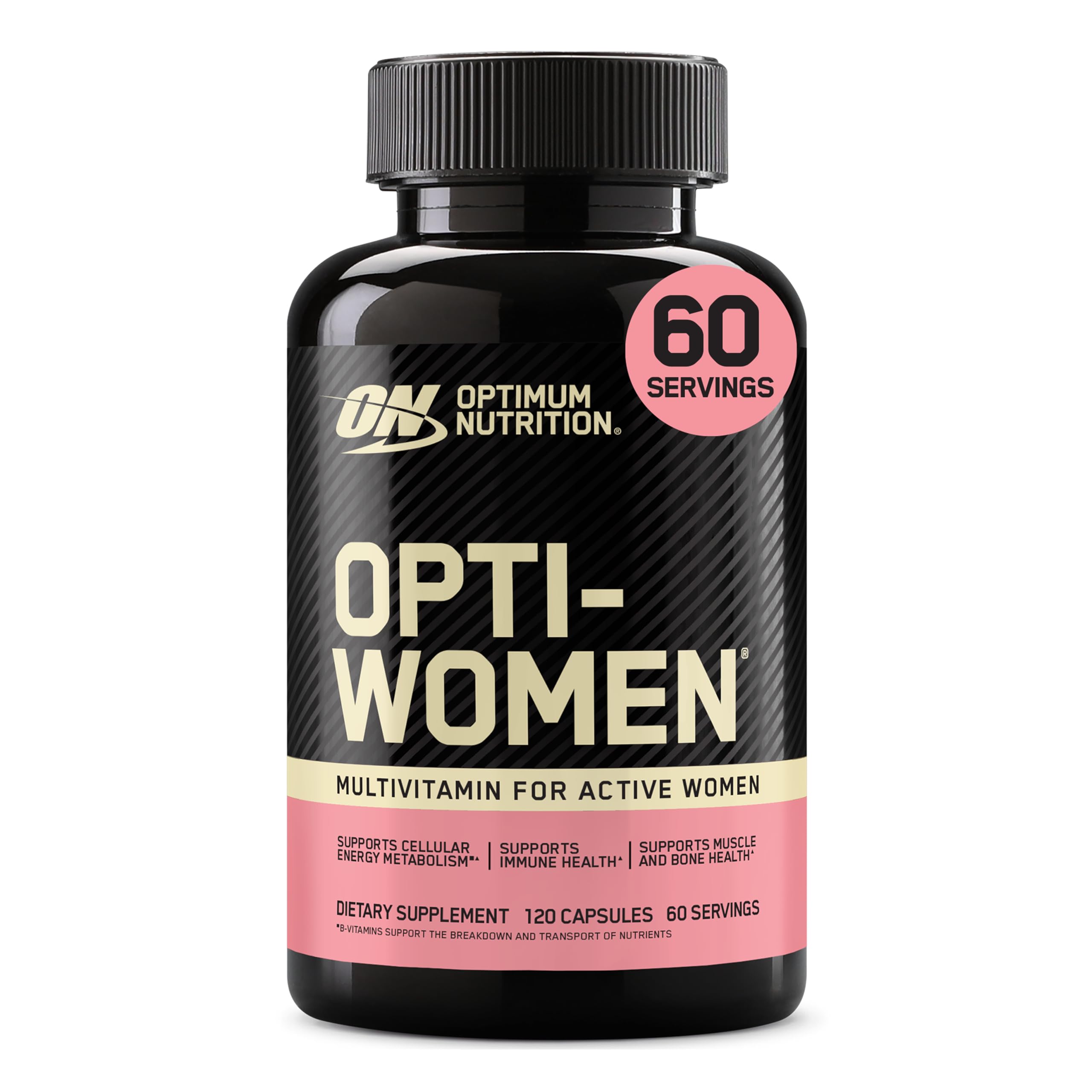 Optimum Nutrition Opti-Women bottle pour showing immune-support nutrients for daily wellness.