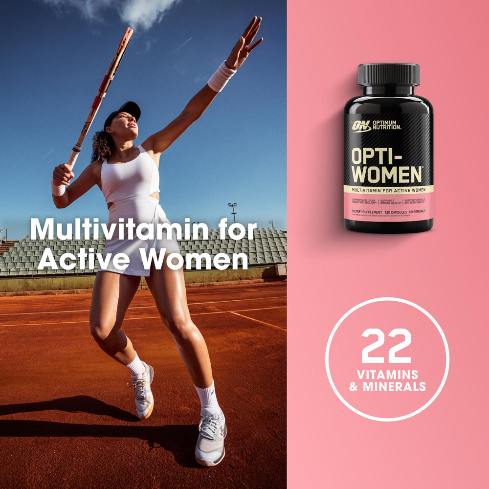 Optimum Nutrition Opti-Women capsules closeup highlighting essential vitamins for energy and metabolism.