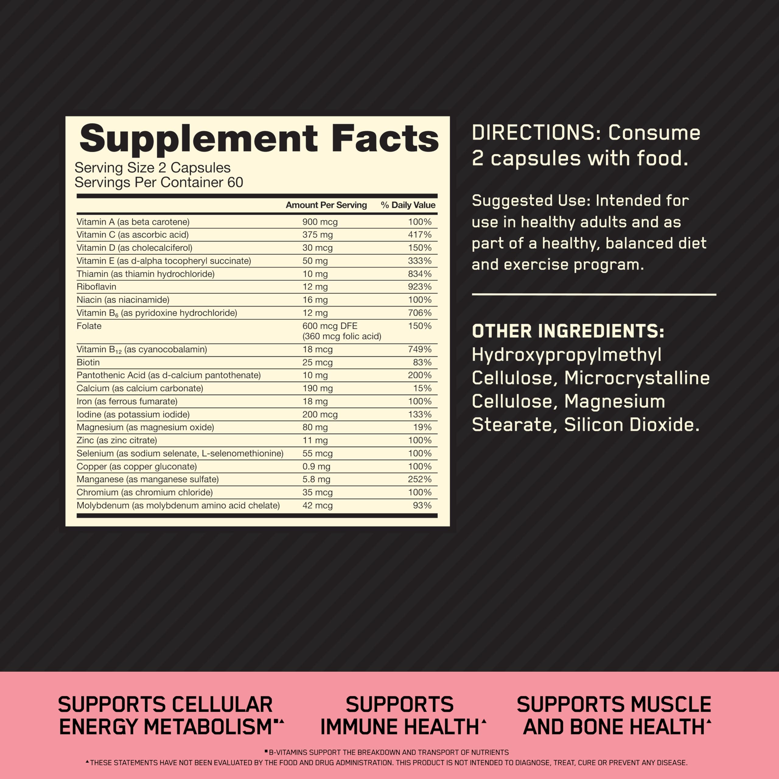 Optimum Nutrition Opti-Women ingredient panel highlights vitamin C, D and zinc.
