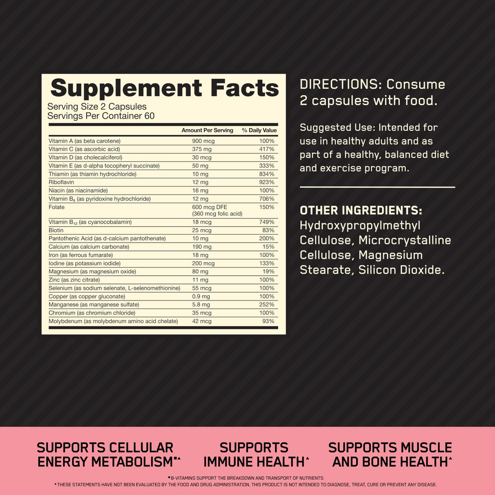 Optimum Nutrition Opti-Women ingredient panel highlights vitamin C, D and zinc.