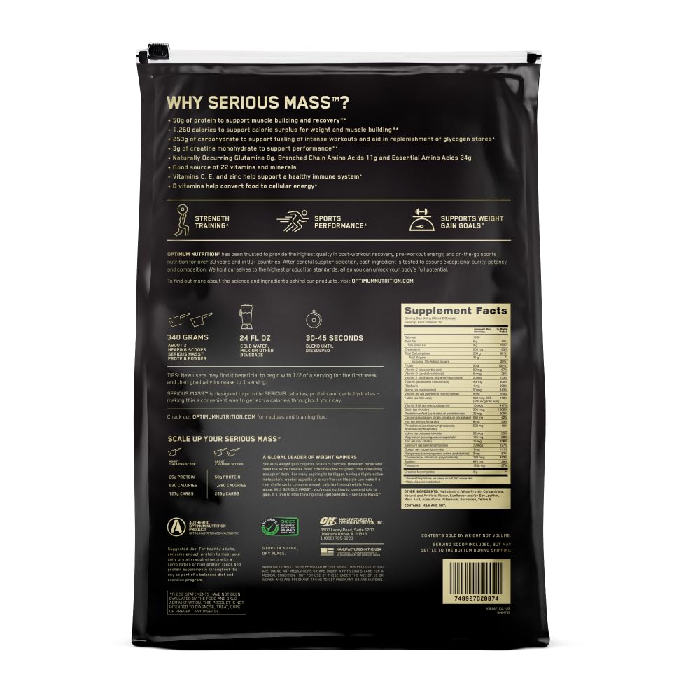 Optimum Nutrition Serious Mass shake with fruits illustrates calorie-dense customization.