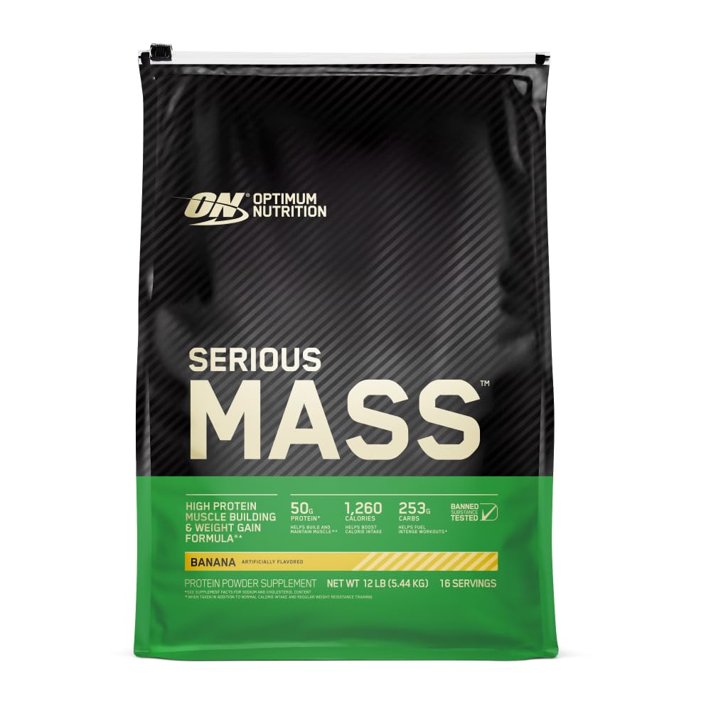 Optimum Nutrition Serious Mass banana-flavor powder for high-calorie shakes.
