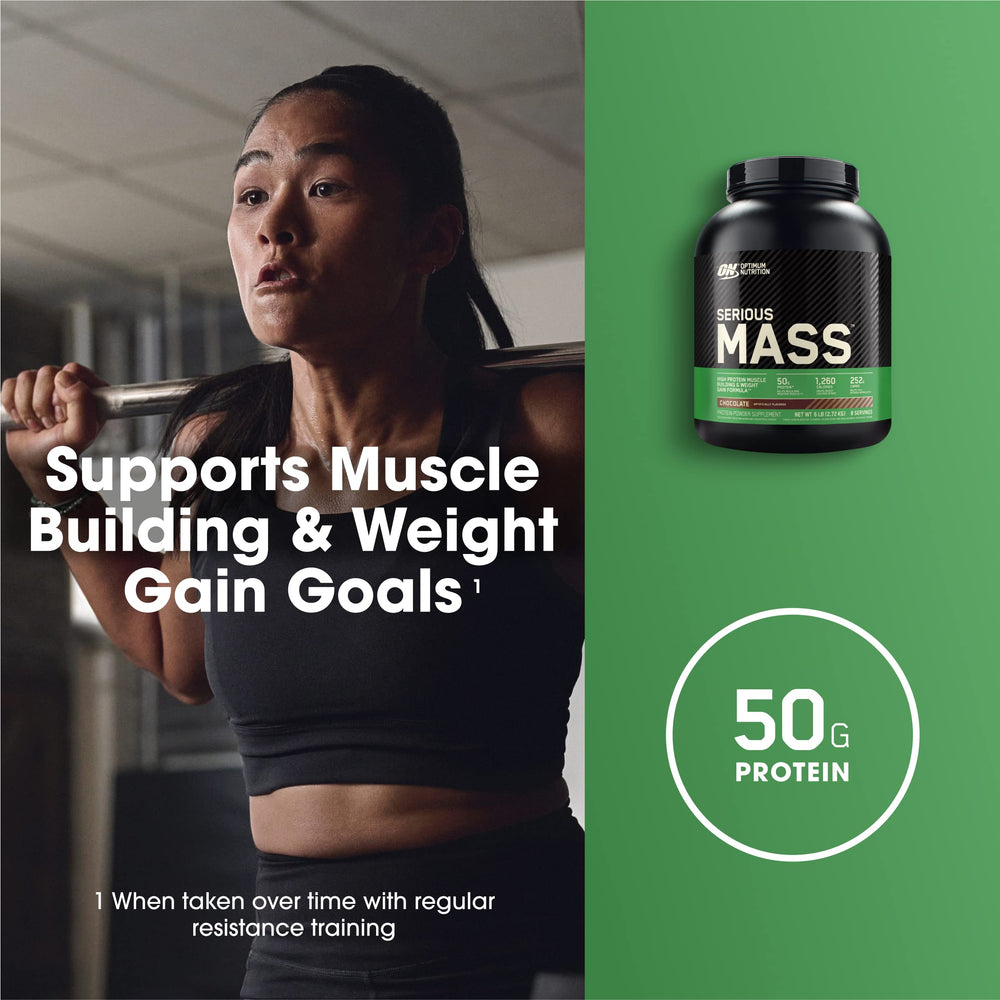 Optimum Nutrition Serious Mass banana shake glass shows creamy texture.