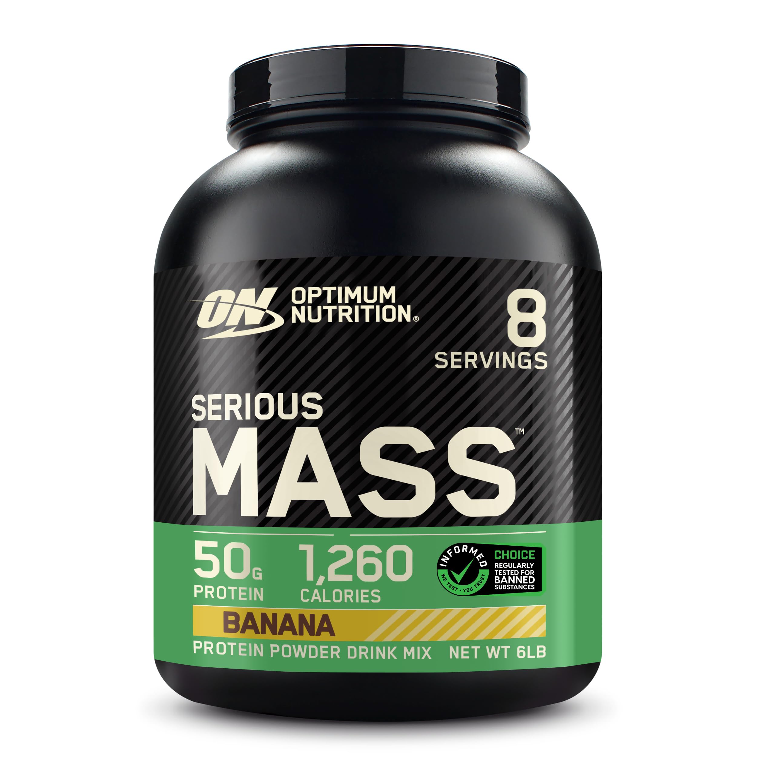 Optimum Nutrition Serious Mass banana tub showing a high-calorie formula for bulk days.
