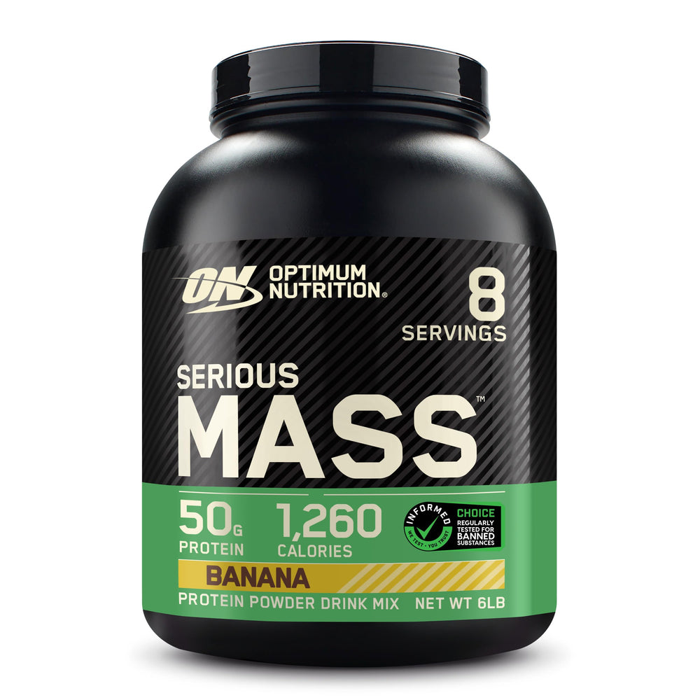 Optimum Nutrition Serious Mass banana tub showing a high-calorie formula for bulk days.