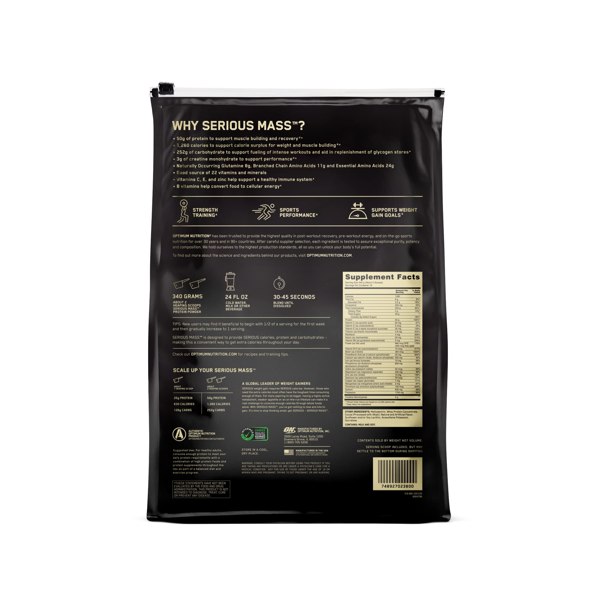 Optimum Nutrition Serious Mass chocolate powder being poured into a shaker