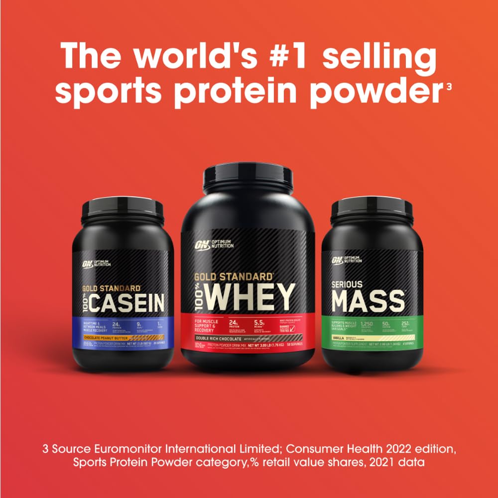 Optimum Nutrition Serious Mass bottle with bold branding and included scoop.
