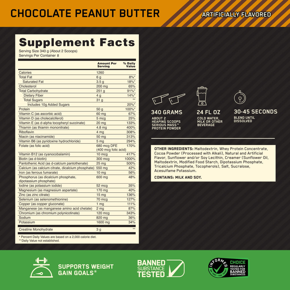 Optimum Nutrition Serious Mass nutrition facts highlight 1,200 calories per serving.