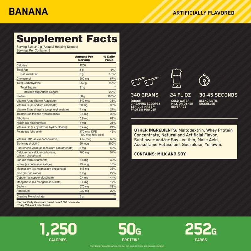 Optimum Nutrition Serious Mass scoop highlighting 50 g protein per serving for recovery.