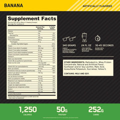 Optimum Nutrition Serious Mass scoop highlighting 50 g protein per serving for recovery.