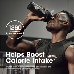 Optimum Nutrition Serious Mass serving glass shows a thick creamy shake ready to enjoy.