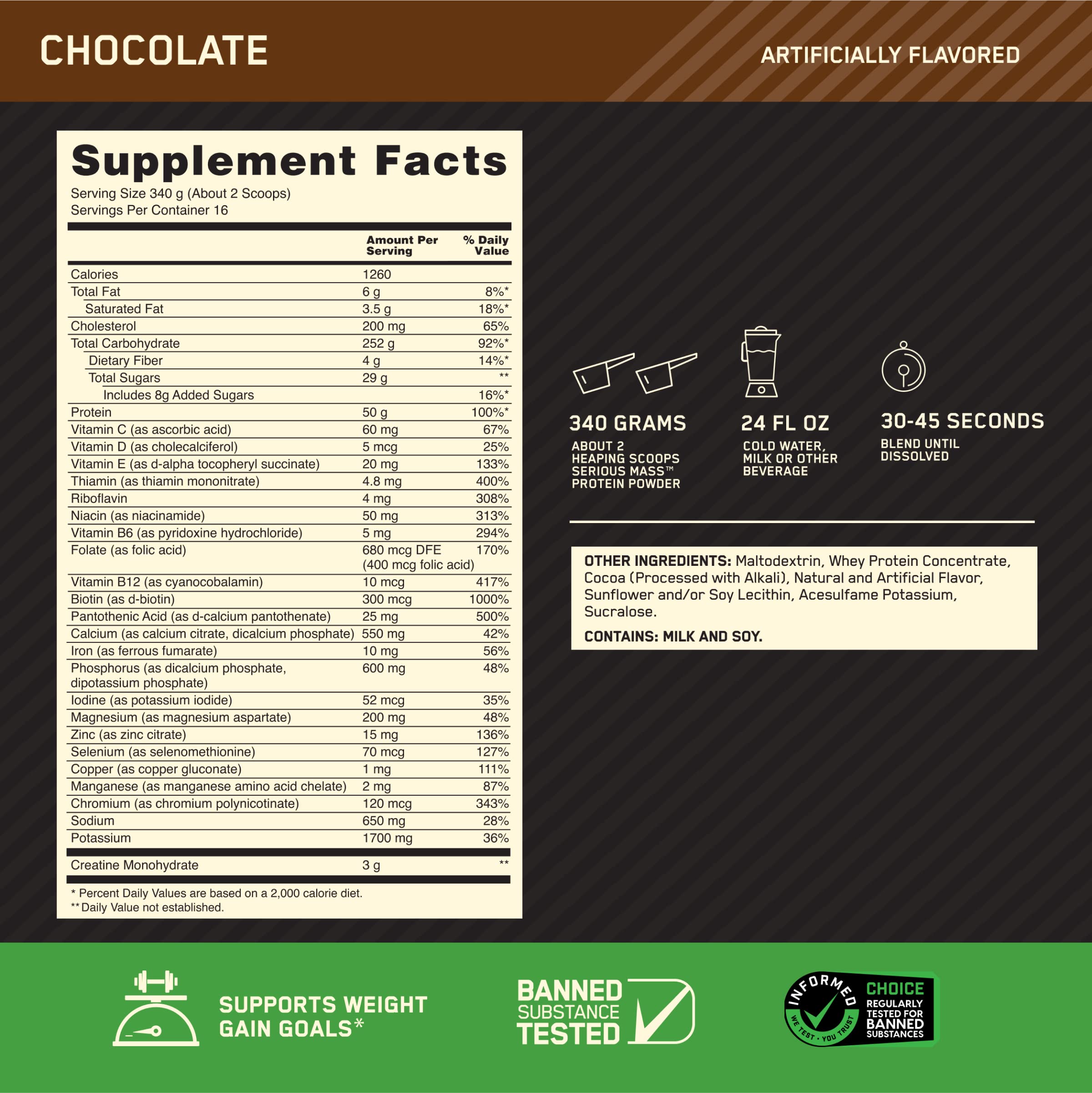 Optimum Nutrition Serious Mass shake in a glass demonstrates a creamy chocolate shake