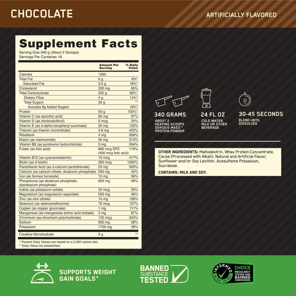 Optimum Nutrition Serious Mass shake in a glass demonstrates a creamy chocolate shake
