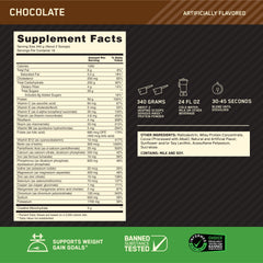 Optimum Nutrition Serious Mass shake in a glass demonstrates a creamy chocolate shake
