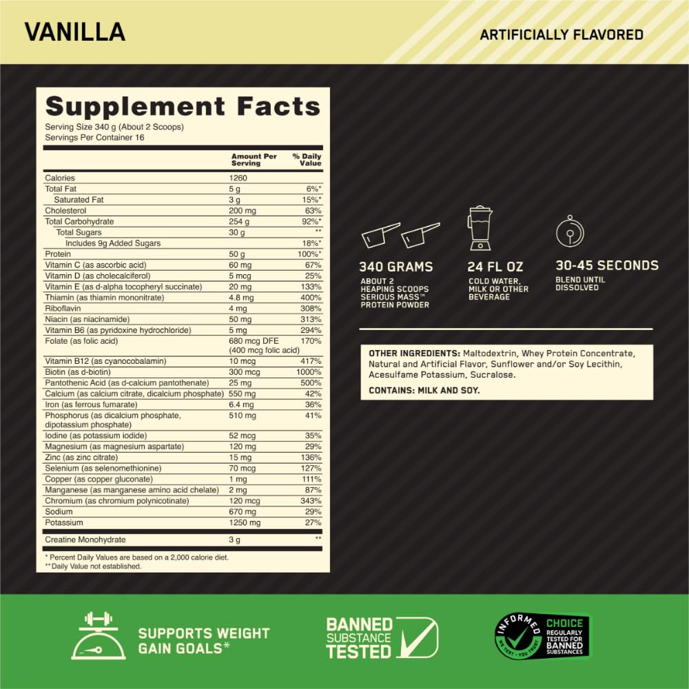 Optimum Nutrition Serious Mass two-scoop serve demonstrates caloric density