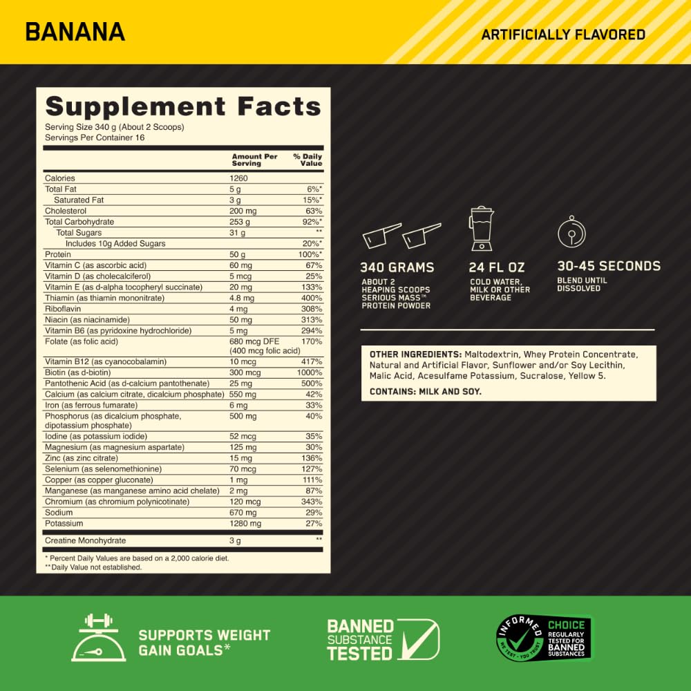 Optimum Nutrition Serious Mass measuring scoop beside bag for precise two-scoop servings.