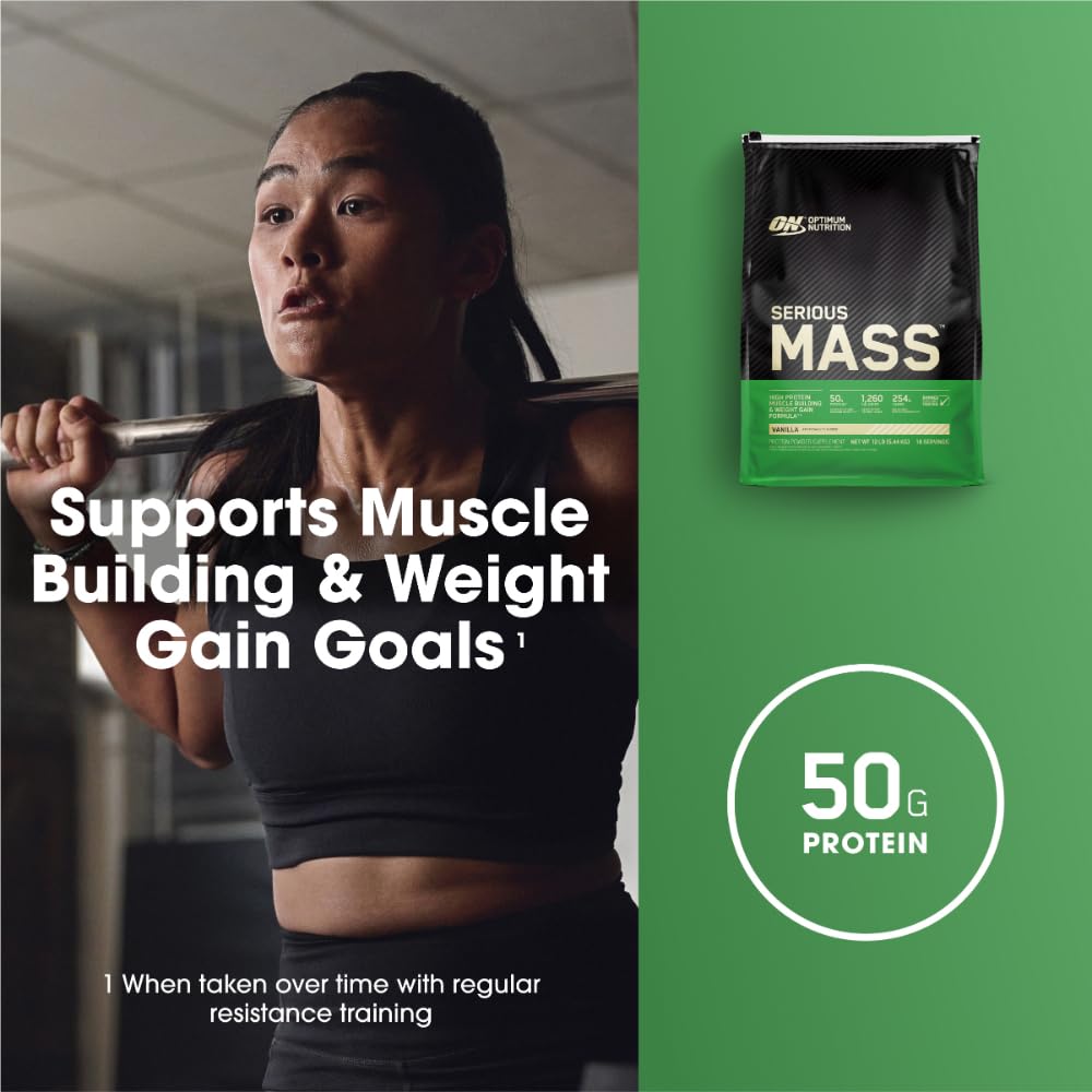 Optimum Nutrition Serious Mass vanilla powder highlights creamy shake flavor