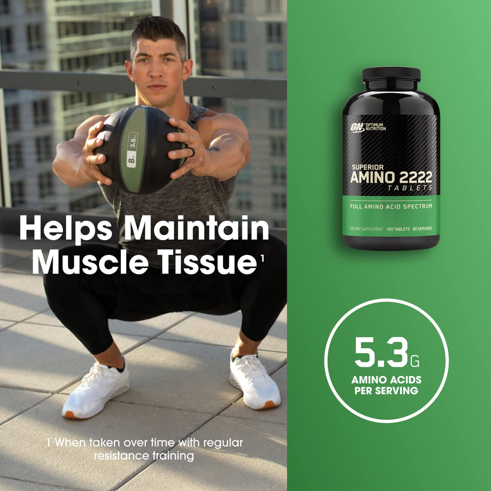 Tablets in hand from Optimum Nutrition Superior Amino 2222 for easy dosing.
