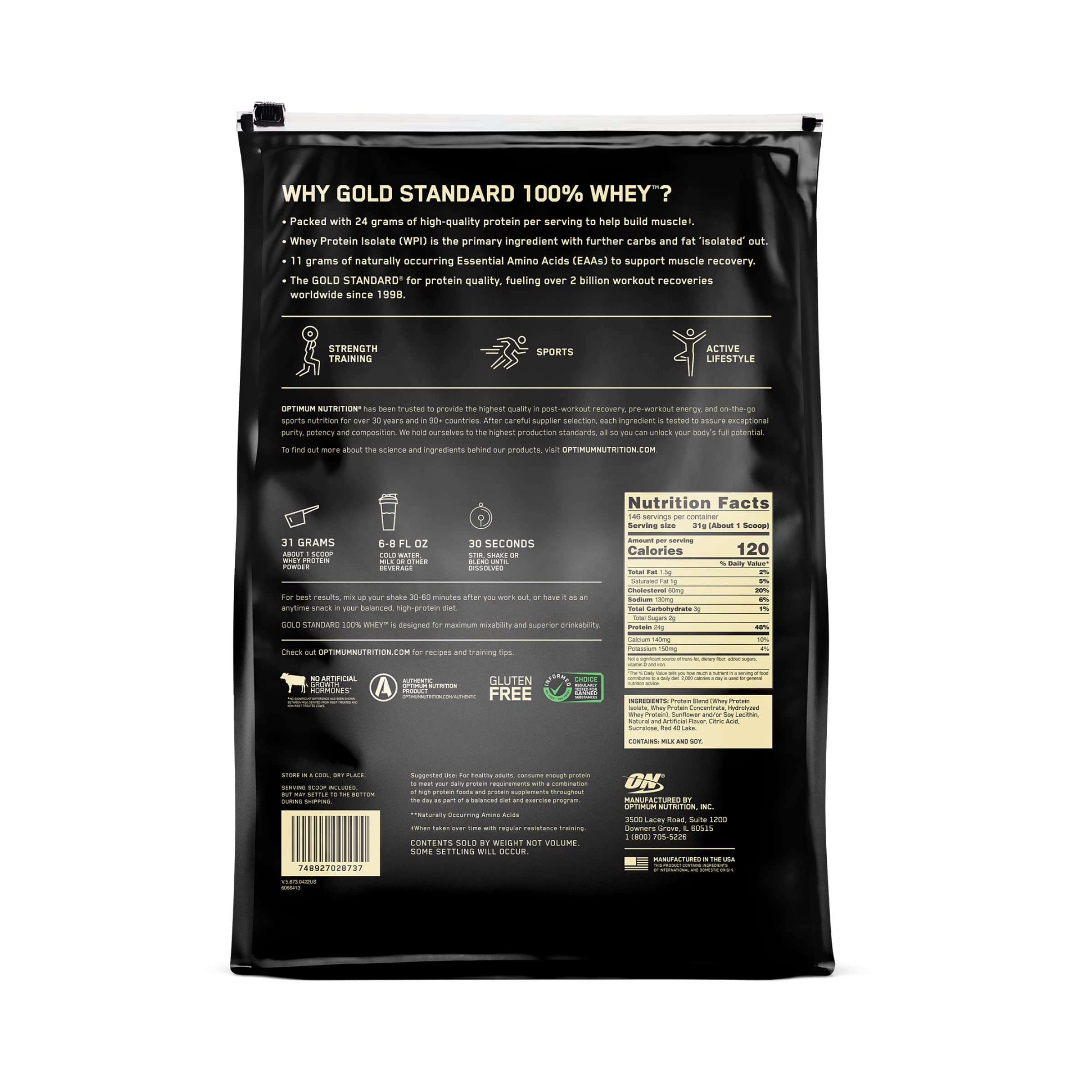 Optimum Nutrition Gold Standard Whey supports muscle recovery with BCAAs.
