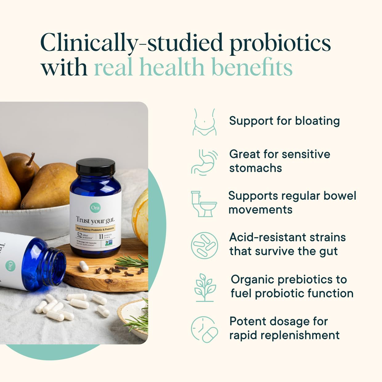 Ora Organic Probiotics eleven-strains label emphasizes diverse gut-benefiting strains