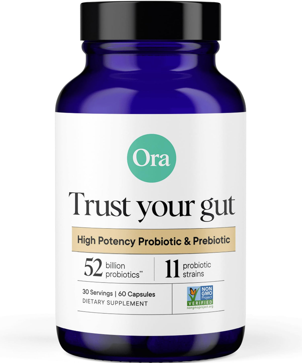 Ora Organic Probiotics high-potency bottle highlighting a powerful digestive support option