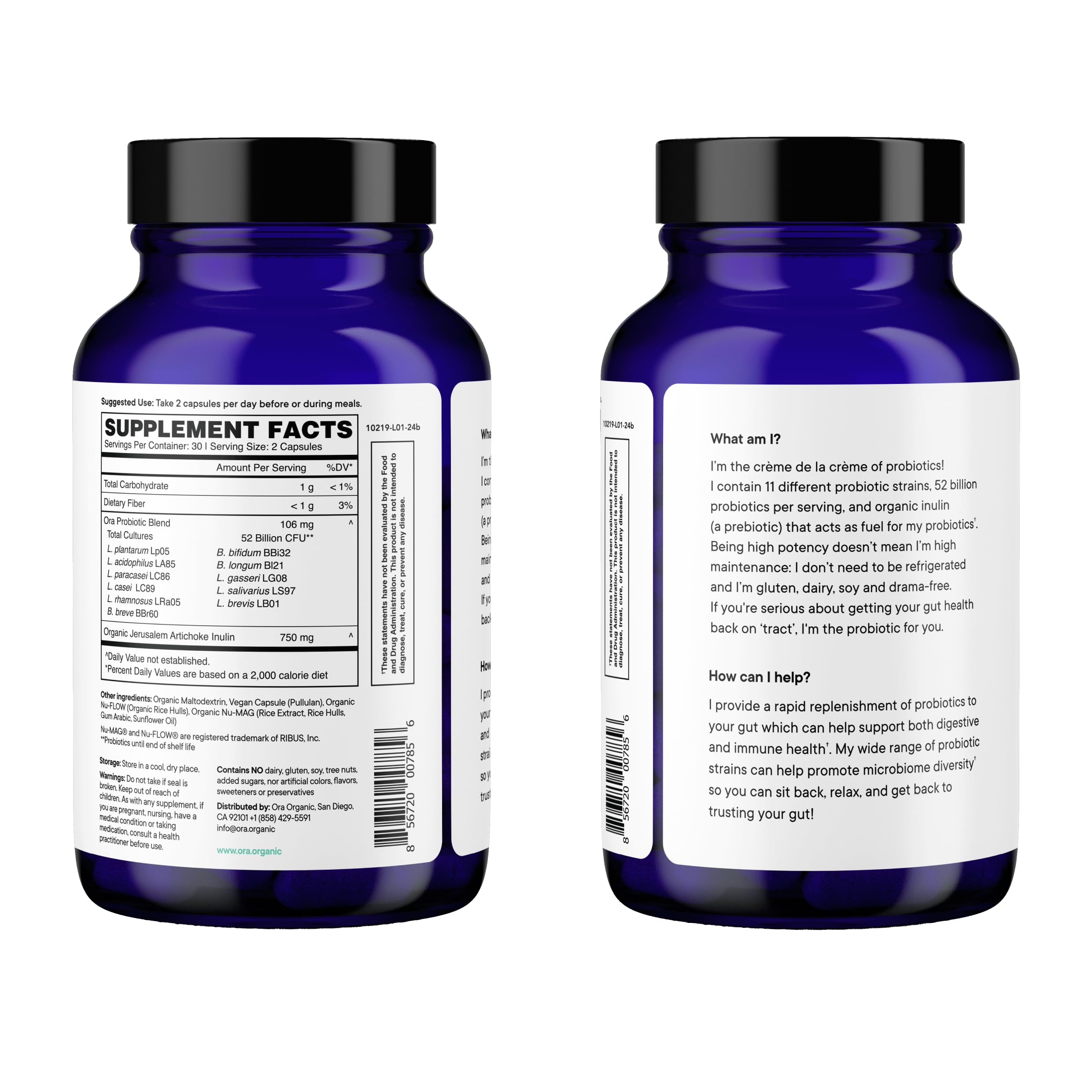Ora Organic Probiotics sixty-capsules bottle indicates ample monthly supply